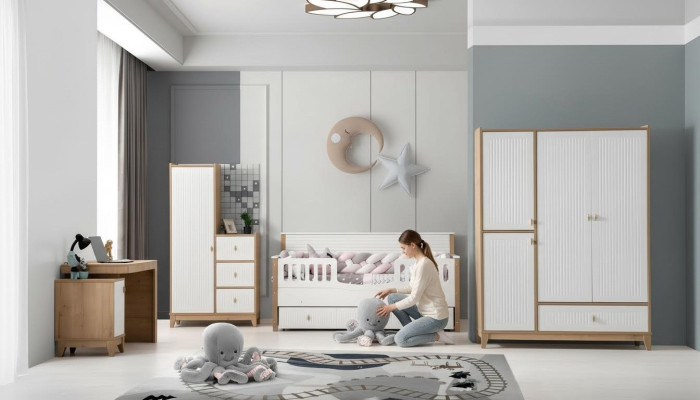 Stylish children's room set bed, 2x wardrobe, desk, white, 5-piece