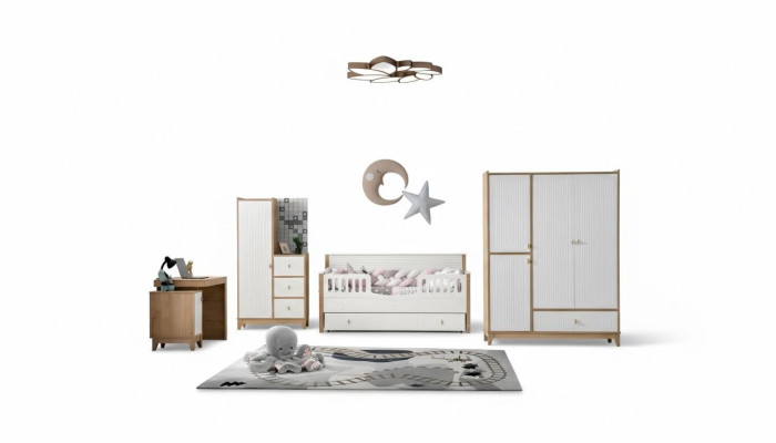 Stylish children's room set bed, 2x wardrobe, desk, white, 5-piece