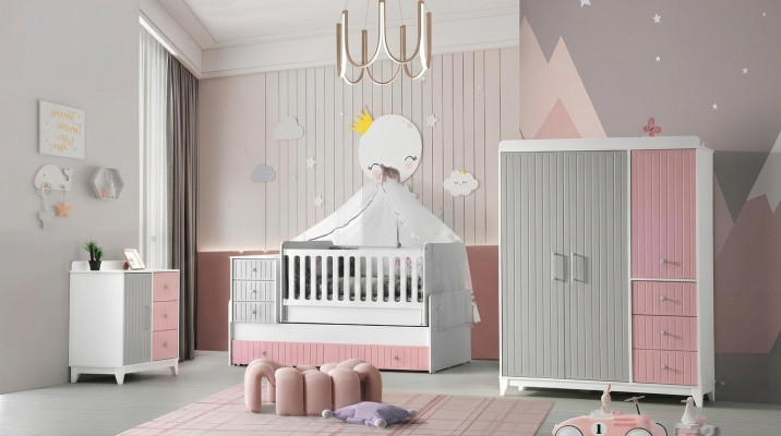Luxurious children's room set 3-piece stylish dresser wardrobe bed multicolored