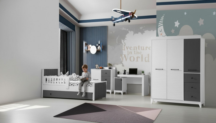 Modern children's room set consists of bed, wardrobe, chest of drawers, table, 4-piece set.