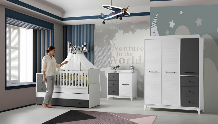 Modern children's room set consists of a children's bed, wardrobe, and dresser, 3 pieces, new.