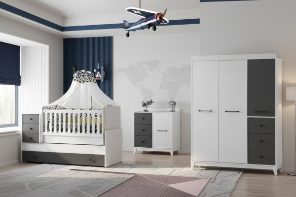 Modern children's room set consists of a children's bed, wardrobe, and dresser, 3 pieces, new.