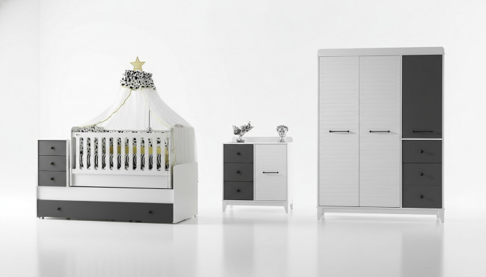 Modern children's room set consists of a children's bed, wardrobe, and dresser, 3 pieces, new.