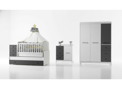 Modern children's room set consists of a children's bed, wardrobe, and dresser, 3 pieces, new.