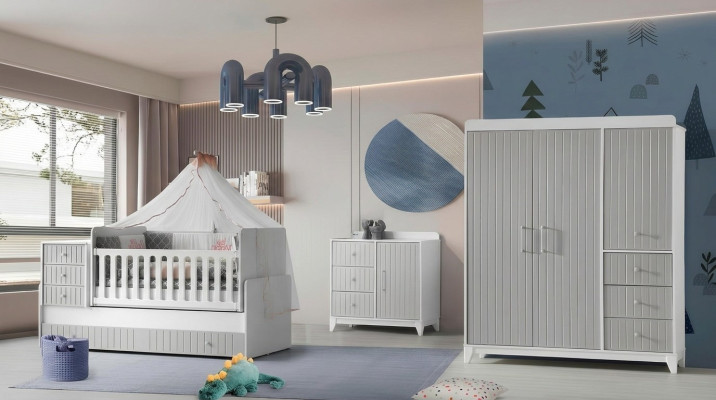 Complete set for children's room: dresser, wardrobe, children's bed, gray color