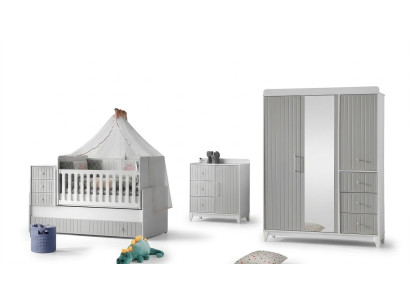 Complete set for children's room: dresser, wardrobe, children's bed, gray color