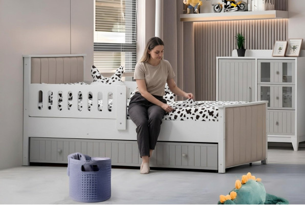 Practical children's bed in gray color for sweet slumber hours, luxurious.