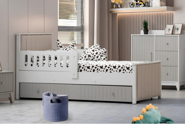 Practical children's bed in gray color for sweet slumber hours, luxurious.