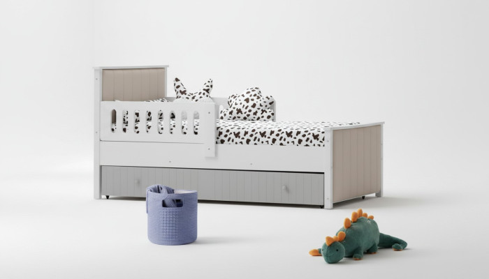 Practical children's bed in gray color for sweet slumber hours, luxurious.