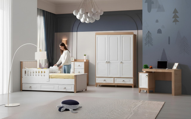 Luxury children's room set consists of bed, wardrobe, dresser, table, 4-piece.