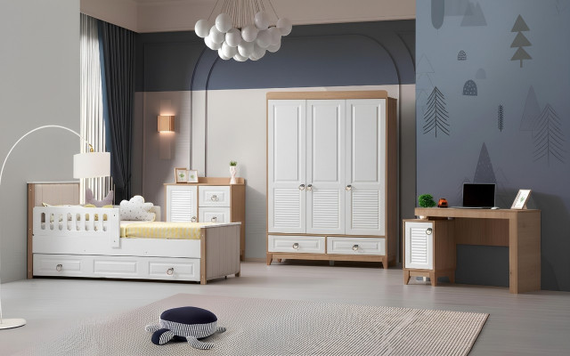 Luxury children's room set consists of bed, wardrobe, dresser, table, 4-piece.
