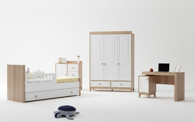 Luxury children's room set consists of bed, wardrobe, dresser, table, 4-piece.