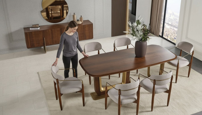 Modern dining room set consists of dining table, 6x chairs, mirror, sideboard.