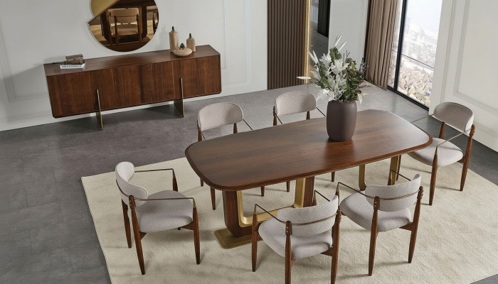 Modern dining room set consists of dining table, 6x chairs, mirror, sideboard.