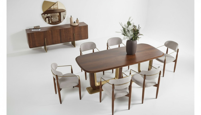 Modern dining room set consists of dining table, 6x chairs, mirror, sideboard.
