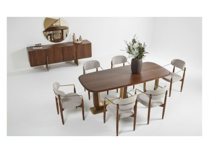 Modern dining room set consists of dining table, 6x chairs, mirror, sideboard.