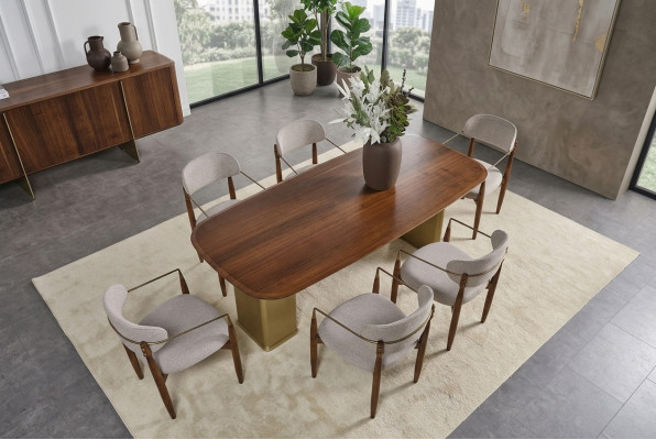 Modern dining room set consists of dining table and 6 chairs brown 7 pieces.