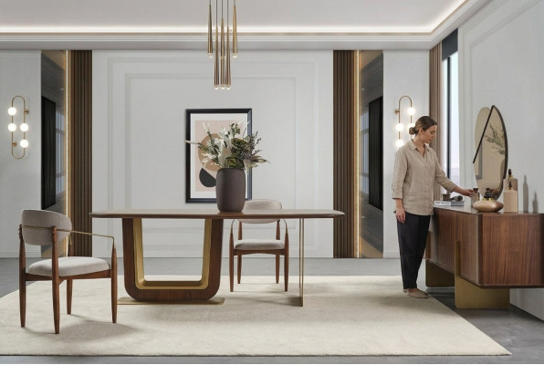 Dining Room Set Modern Dining Table 4x Chairs and Sideboard with Mirror 7-piece.