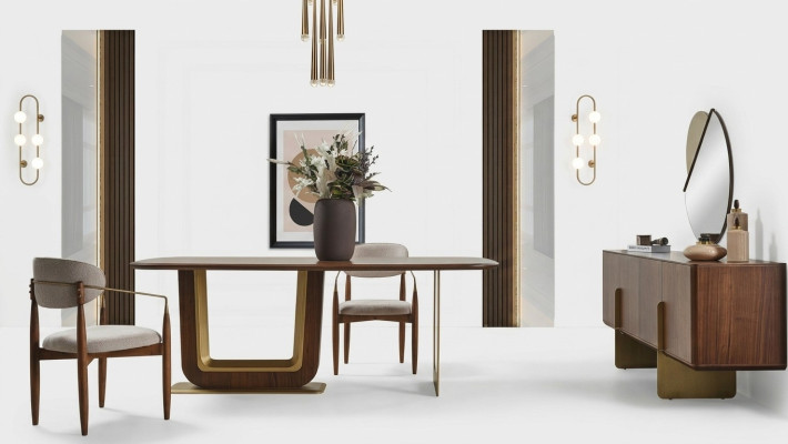 Dining Room Set Modern Dining Table 4x Chairs and Sideboard with Mirror 7-piece.