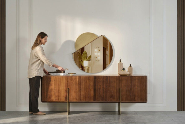 Luxurious dining room set consists of sideboard and mirror brown color