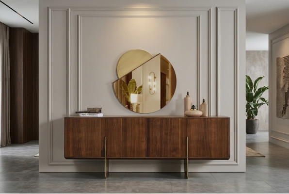 Luxurious dining room set consists of sideboard and mirror brown color