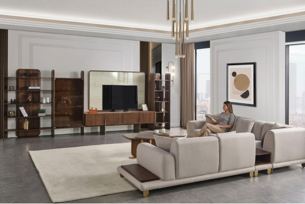 Stylish living room set consists of wall unit, coffee table, and side table.