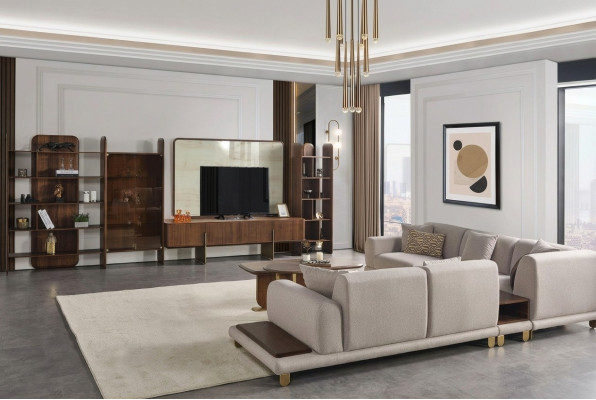 Stylish living room set consists of wall unit, coffee table, and side table.