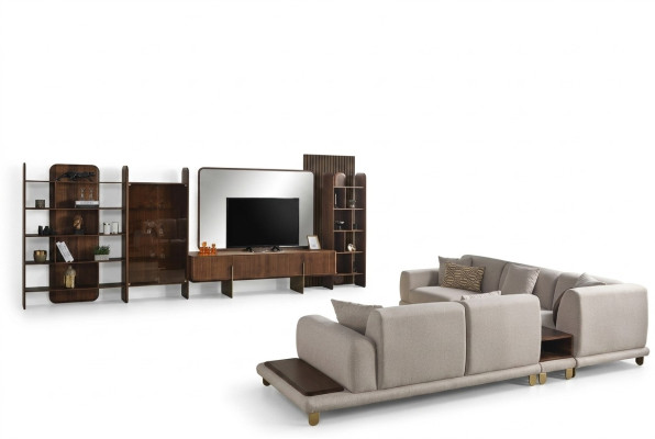 Stylish living room set consists of wall unit, coffee table, and side table.