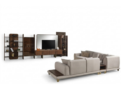 Stylish living room set consists of wall unit, coffee table, and side table.