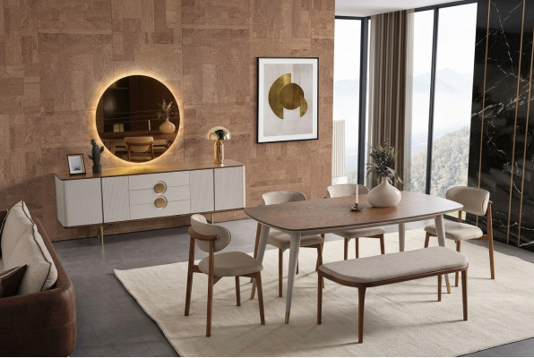 Perfect dining room set of dining table, 4x chairs, mirror, bench, 8-piece set.