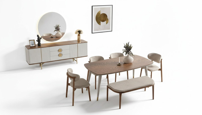 Perfect dining room set of dining table, 4x chairs, mirror, bench, 8-piece set.