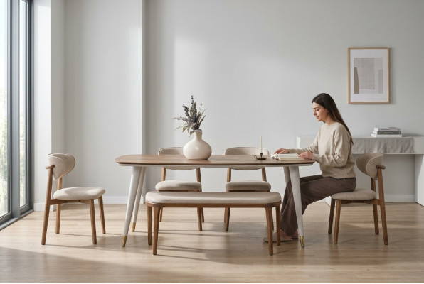 Elegant set that includes a dining table and 4 chairs + bench in beige color