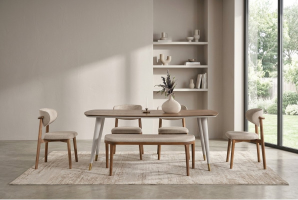 Elegant set that includes a dining table and 4 chairs + bench in beige color