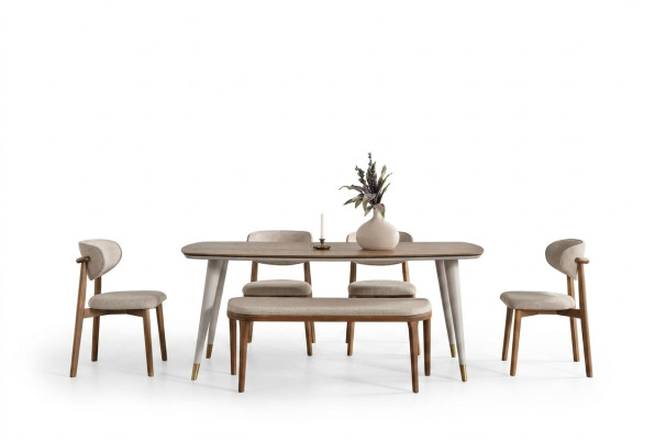 Elegant set that includes a dining table and 4 chairs + bench in beige color