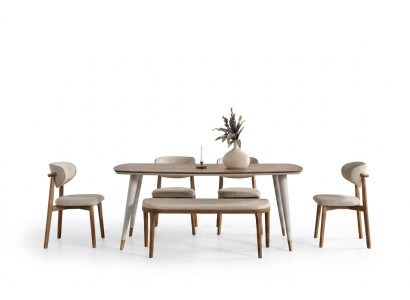 Elegant set that includes a dining table and 4 chairs + bench in beige color