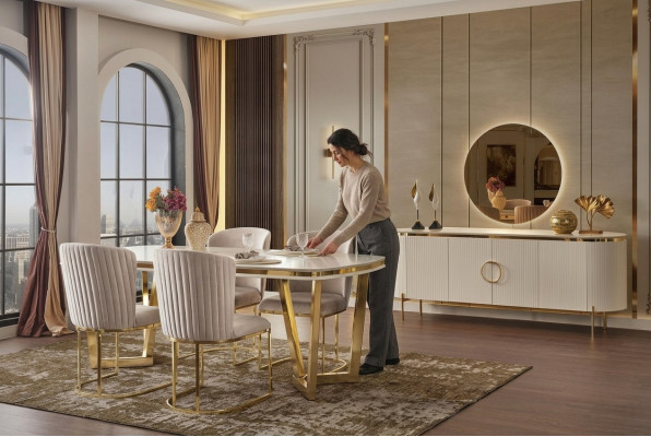 Dining room set consists of a designer dining table, 4 chairs, and sideboard, 7-piece.
