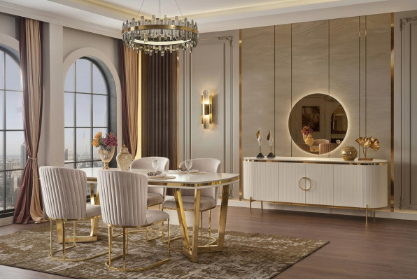 Dining room set consists of a designer dining table, 4 chairs, and sideboard, 7-piece.