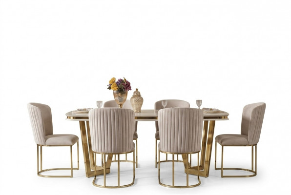 Dining room set consists of a designer dining table, 4 chairs, and sideboard, 7-piece.
