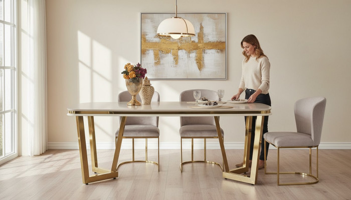 Modern dining room set consists of dining table and 4x beige chairs, 5 pieces.
