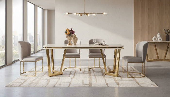 Modern dining room set consists of dining table and 4x beige chairs, 5 pieces.