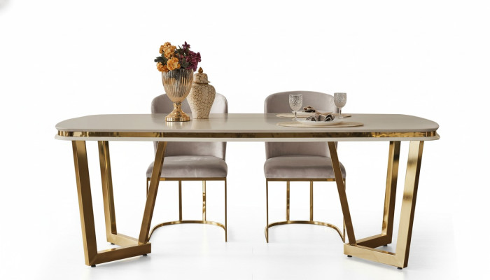 Modern dining room set consists of dining table and 4x beige chairs, 5 pieces.