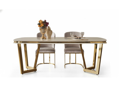 Modern dining room set consists of dining table and 4x beige chairs, 5 pieces.