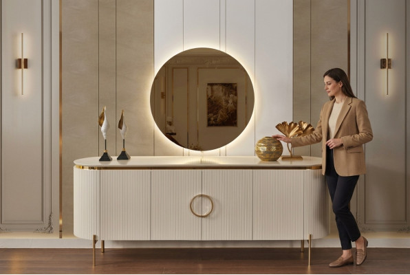 Consists of a dining room set consisting of a beige-colored sideboard and mirror.