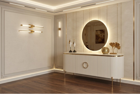 Consists of a dining room set consisting of a beige-colored sideboard and mirror.