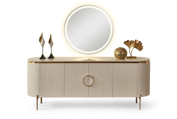 Consists of a dining room set consisting of a beige-colored sideboard and mirror.