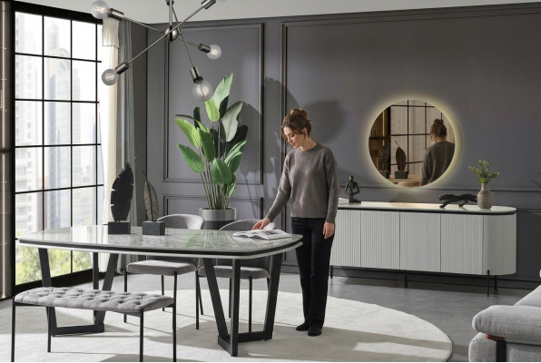 Modern dining room set consists of dining table, 4 chairs, and sideboard mirror.