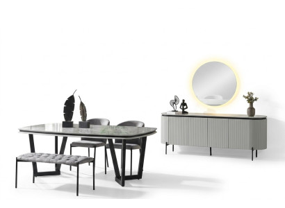 Modern dining room set consists of dining table, 4 chairs, and sideboard mirror.