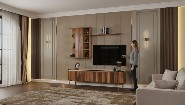 Perfect living room set consists of a brown TV stand and wall cabinet.