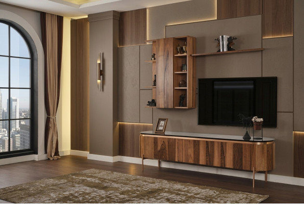 Perfect living room set consists of a brown TV stand and wall cabinet.