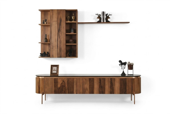 Perfect living room set consists of a brown TV stand and wall cabinet.